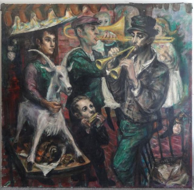 WOLFE. Oil on Canvas. Street Musicians.Signed