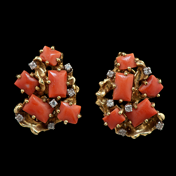 14k Diamond and Salmon Coral Earrings 160320