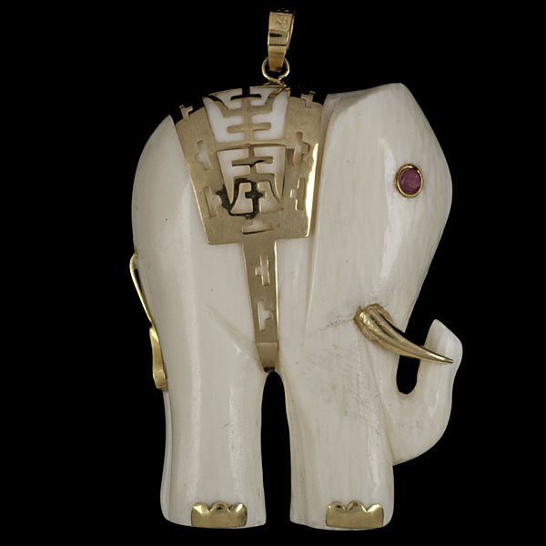 14k Ivory Elephant Pendant with Ruby