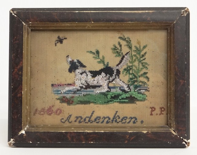 19th c. beadwork picture signed