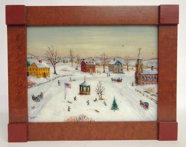 Reverse painting snow scene signed