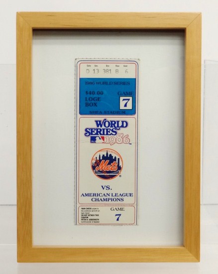 Framed 1986 Mets World Series ticket.