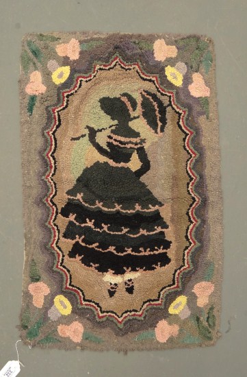 C. 1920s hooked rug umbrella lady.