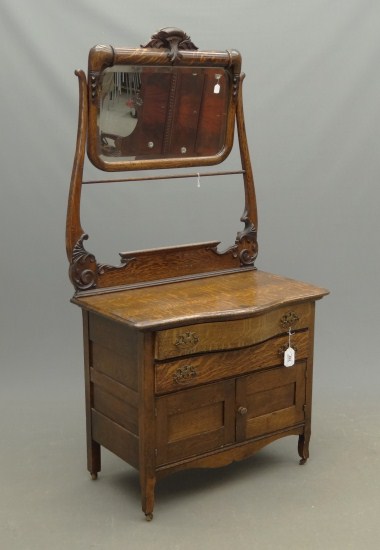 Victorian oak commode with mirror.