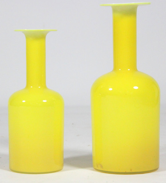 Two yellow glass vases 35.5cm (14")