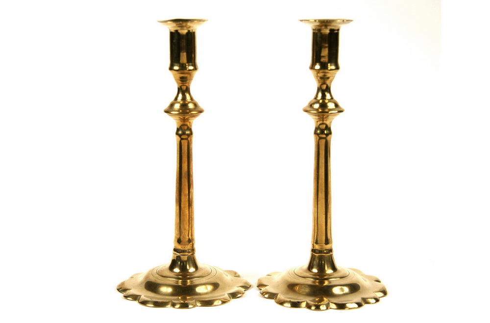 PAIR EARLY BRASS CANDLESTICKS -