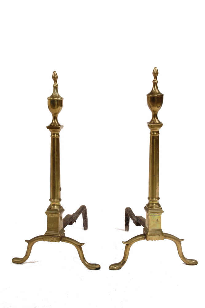 ANDIRONS - 19th c Solid Brass Federal