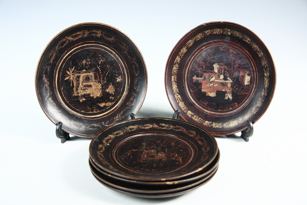 SET (6) ANTIQUE CHINESE LACQUERED PLATES