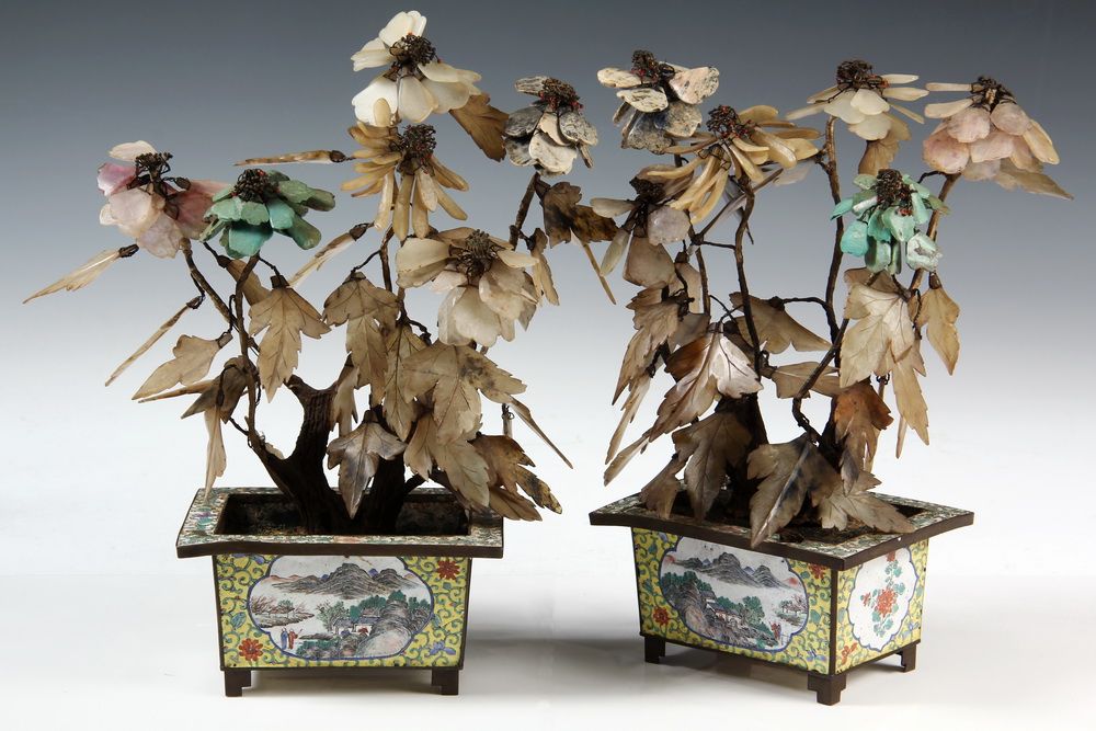 PAIR JADE TREES IN ENAMEL POTS 16380e