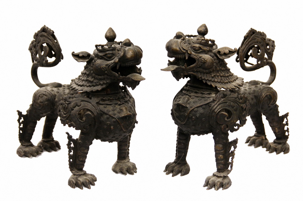 PAIR STANDING TEMPLE GUARDIAN LION-DOGS