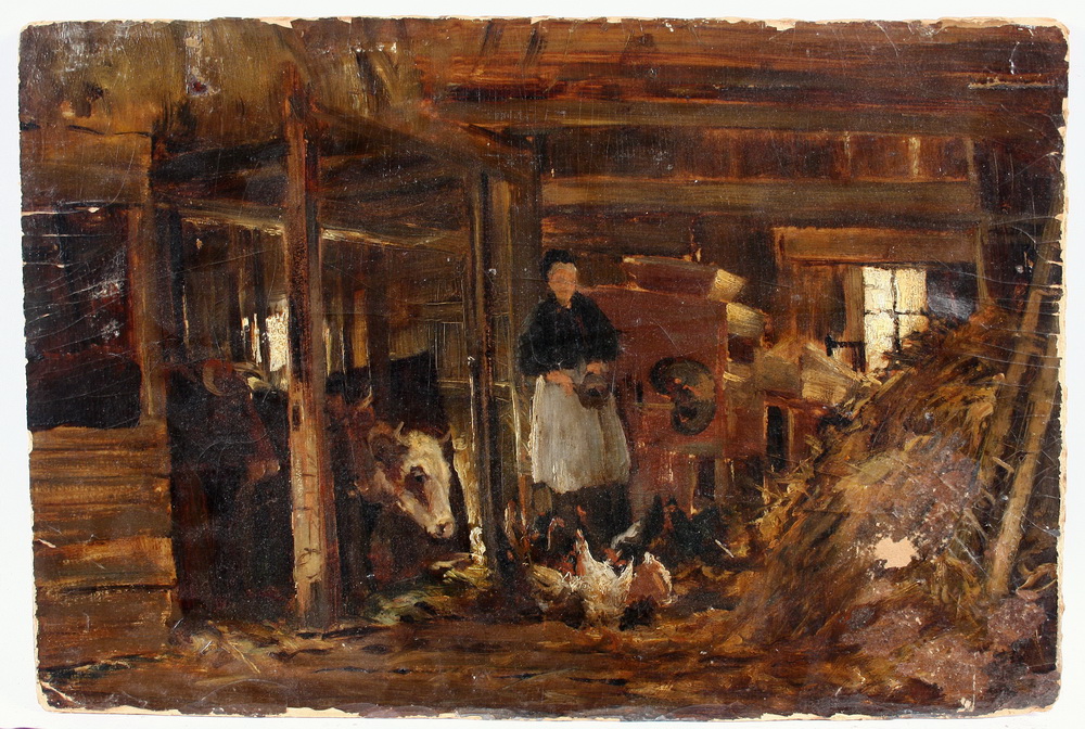 OOB A WOMAN FEEDING HENS IN A BARN unsigned 163899