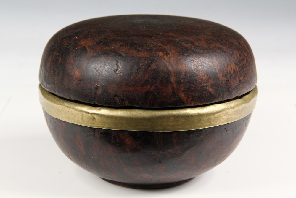 COVERED BOX- burl wood with a gilt brass