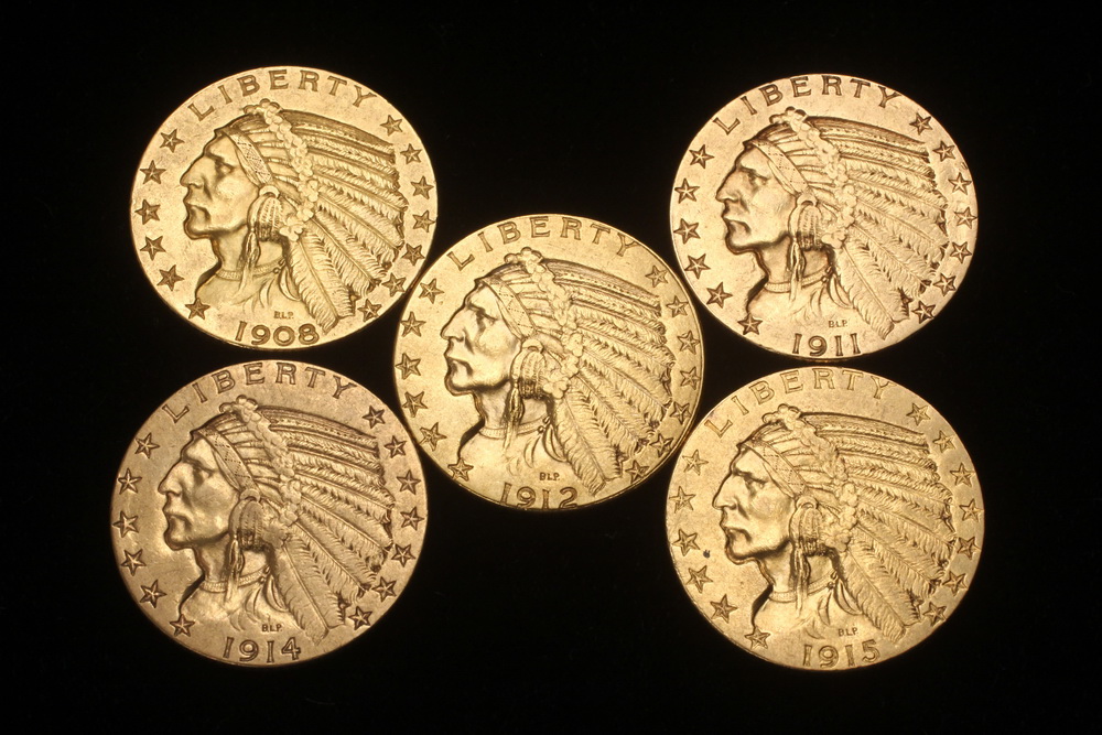 COINS - (5) Indian head gold pieces