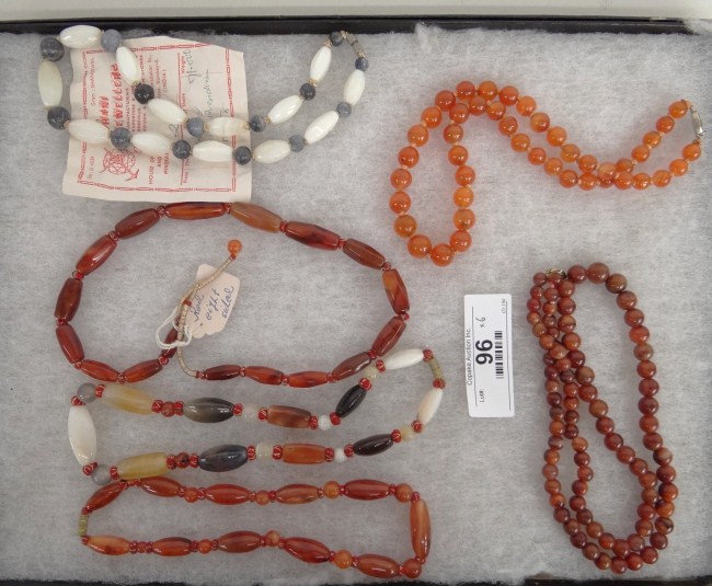 Lot six various stone necklaces.