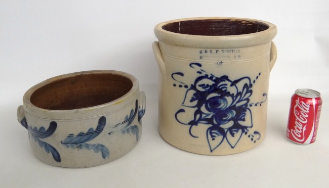 19th c. stoneware decorated cake crock.