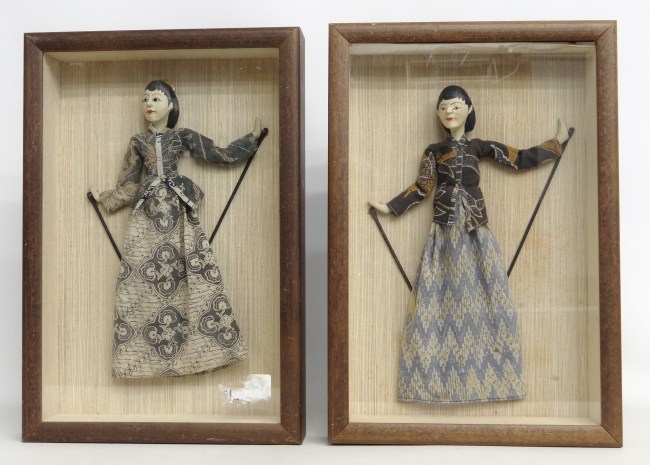 Lot two Indonesian puppets in shadowboxes.