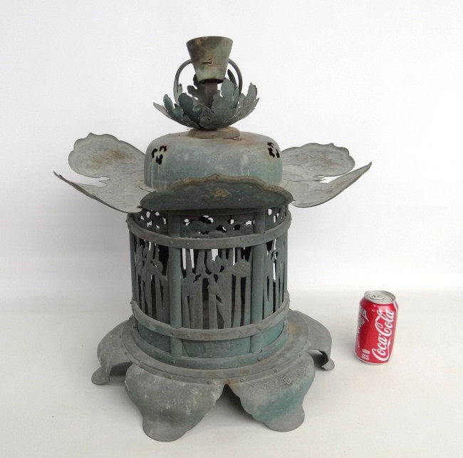 Japanese tin lantern in verdigris patina.
