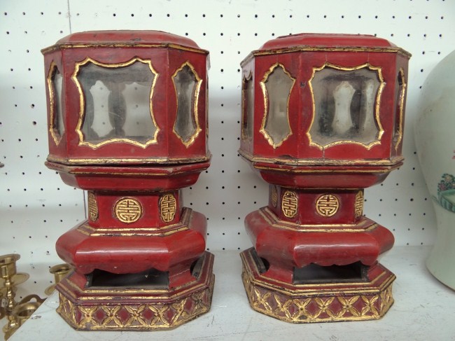 Pair Asian laquered two part lanterns.