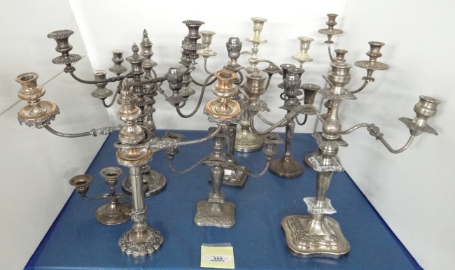 Lot 10 misc. silverplate candelabra.