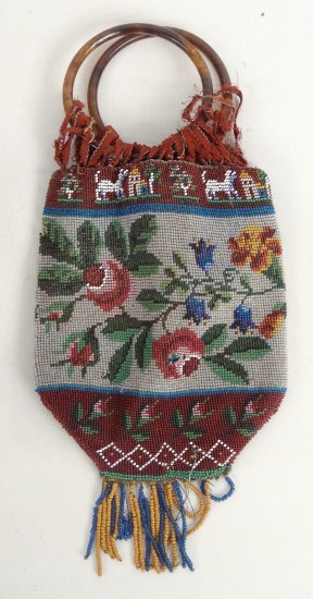19th c. beaded bag with dogs houses