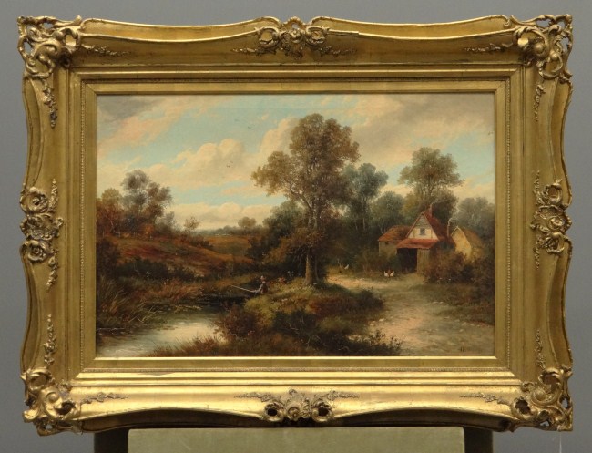 19th c. oil on canvas fishing next to