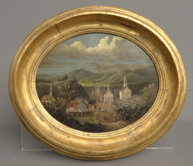 19th c oval oil on canvas townscape  1620a2