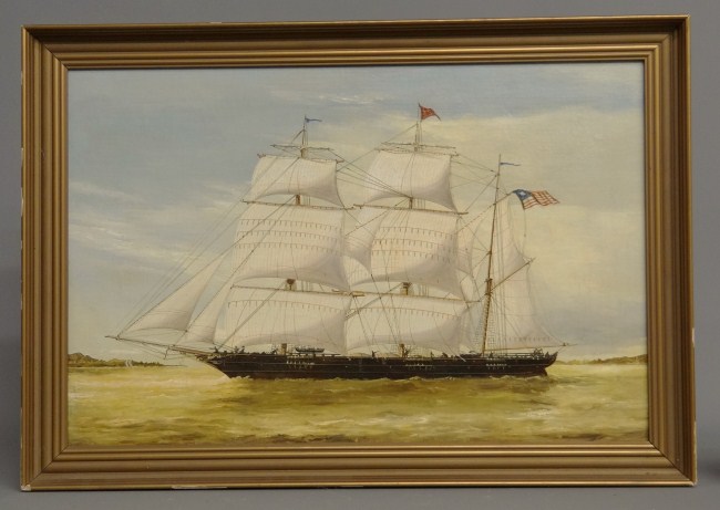 19th c. oil on canvas ship with