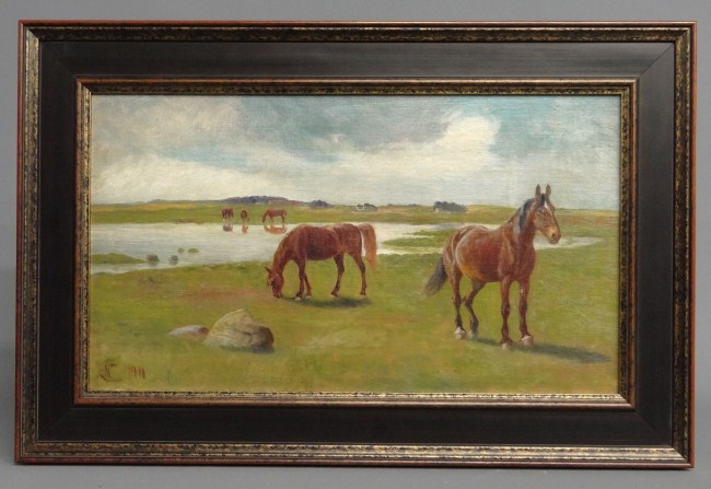 Painting oil on board horses signed 1620c1