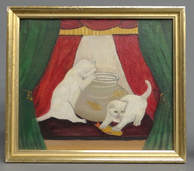 19th c. oil on canvas kittens at fishbowl.