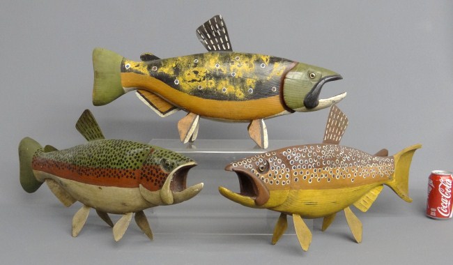 Lot 3 painted folk art fish. Stamped