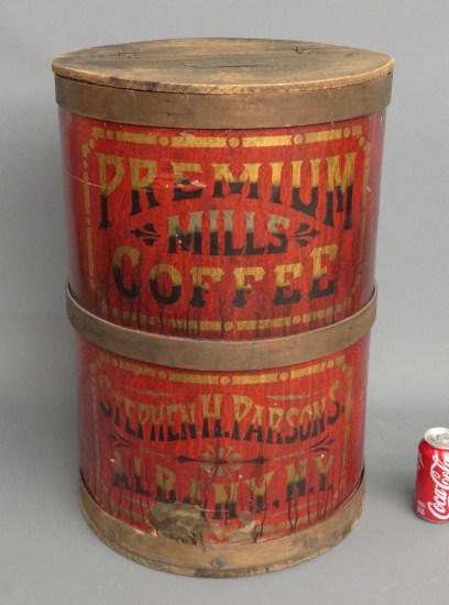 19th c. ''Premium Coffee'' barrel.