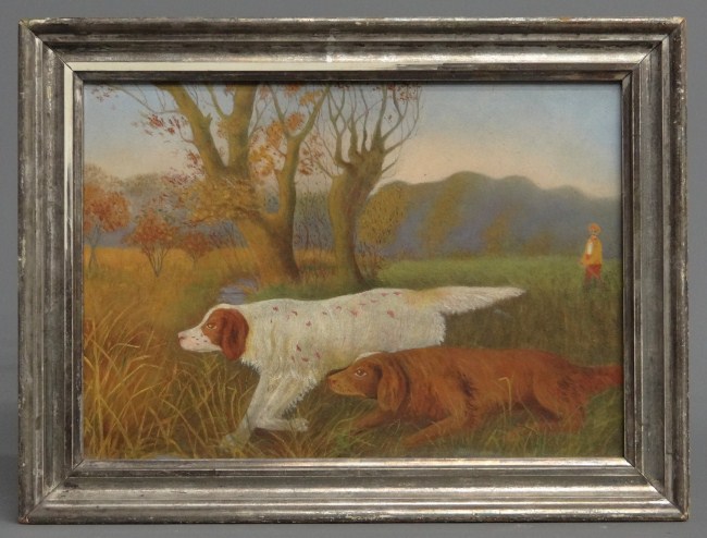 Early oil on artist board hunting dogs.