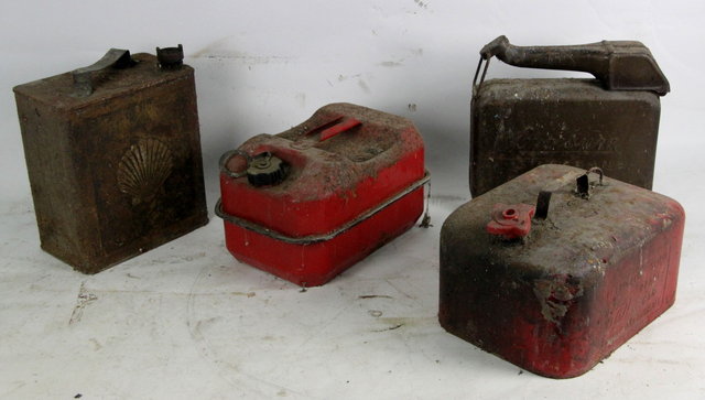 A Shell petrol can and three others