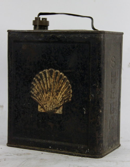 A Shell petrol can with shell to front