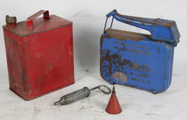 Two metal petrol cans an oil can