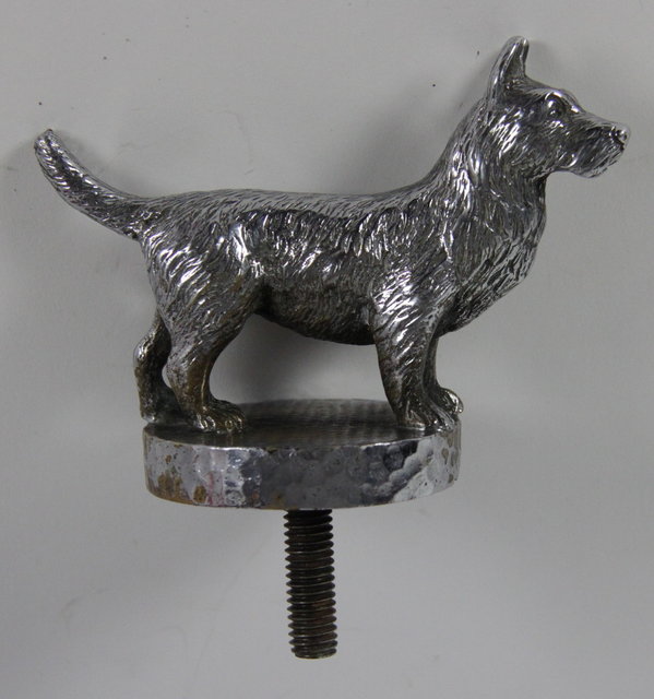 A chrome terrier car mascot