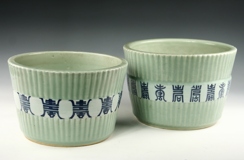 PAIR CHINESE STONEWARE FLOWER POTS