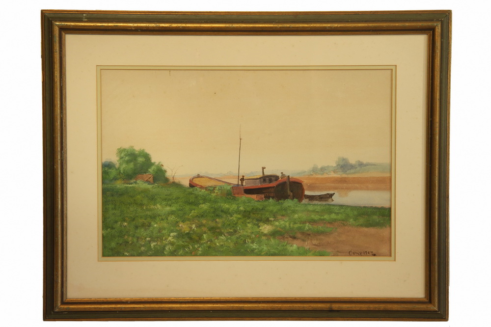 WATERCOLOR River scene with barge 162cb3
