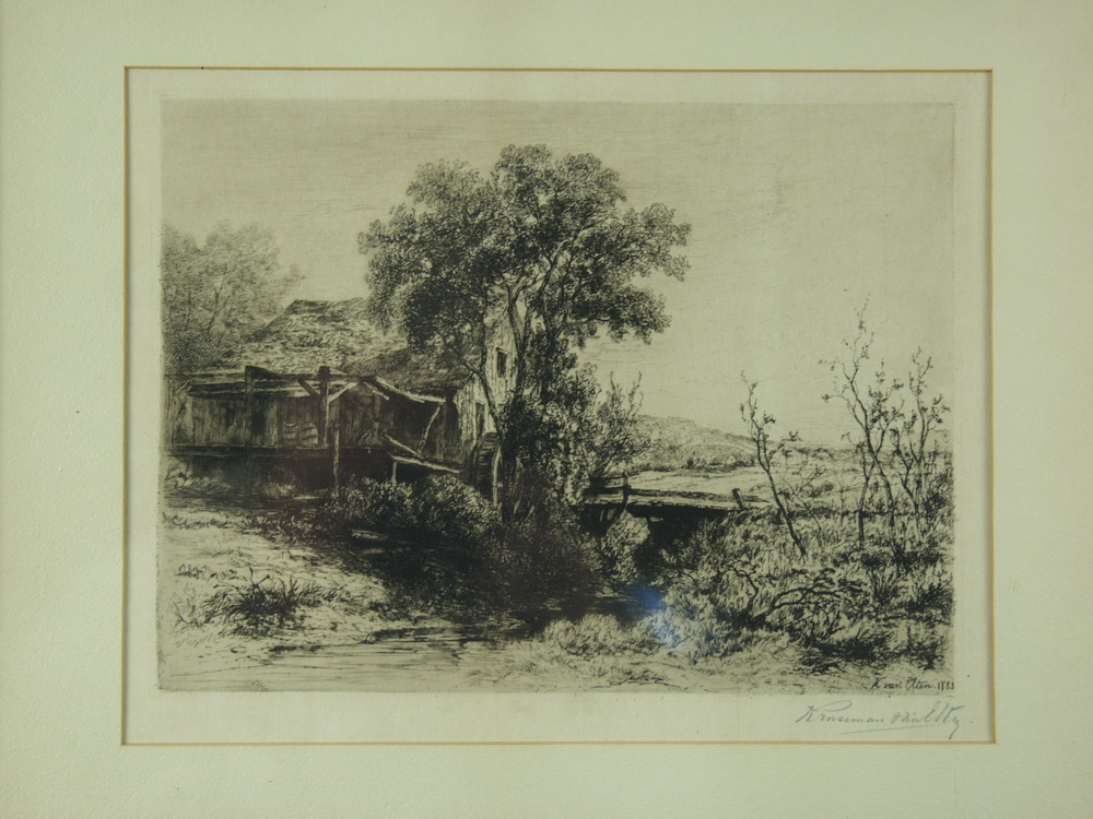 ETCHING - Old mill scene signed