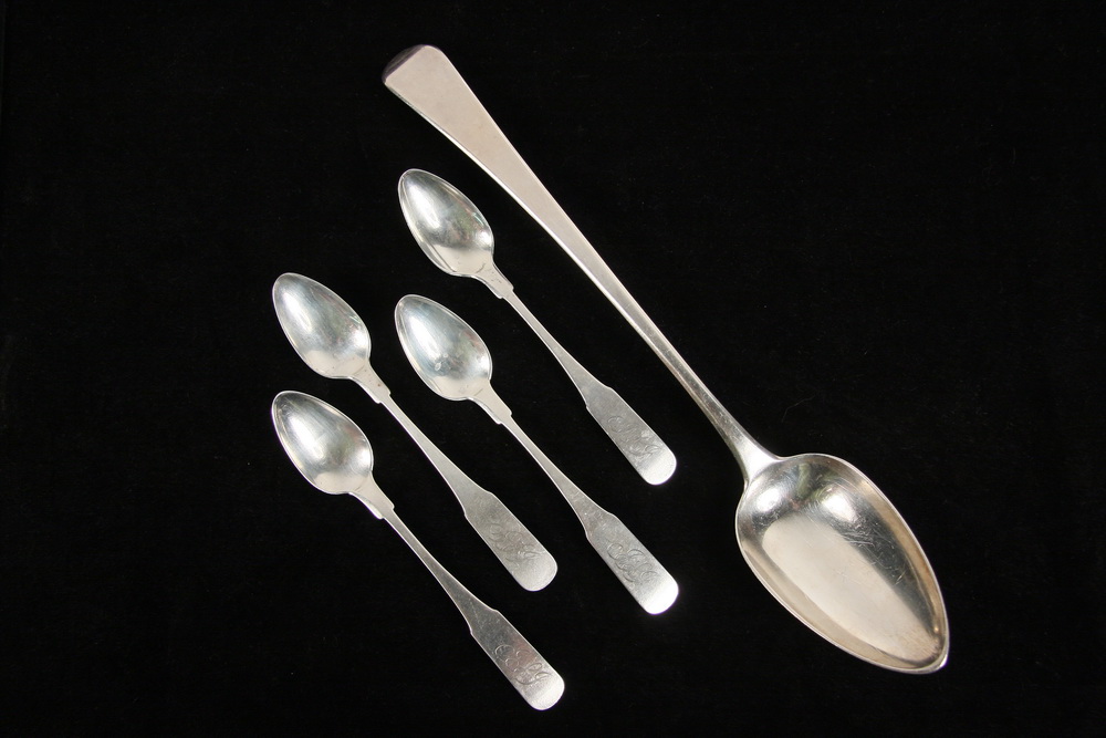 STERLING STUFFING SPOON & (4) COIN TEASPOONS