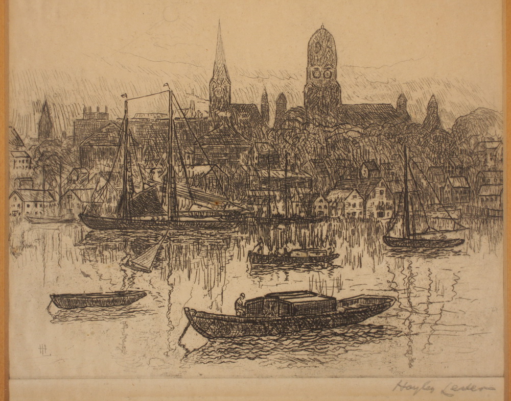 ETCHING - Harbor view with steeples