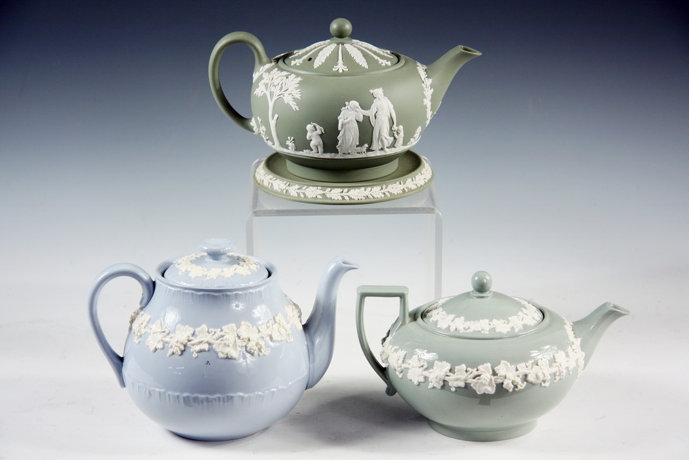 (3) WEDGWOOD TEAPOTS ONE WITH TRIVET