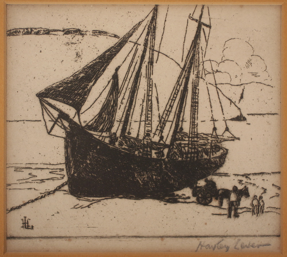 ETCHING - Stranded schooner signed lr