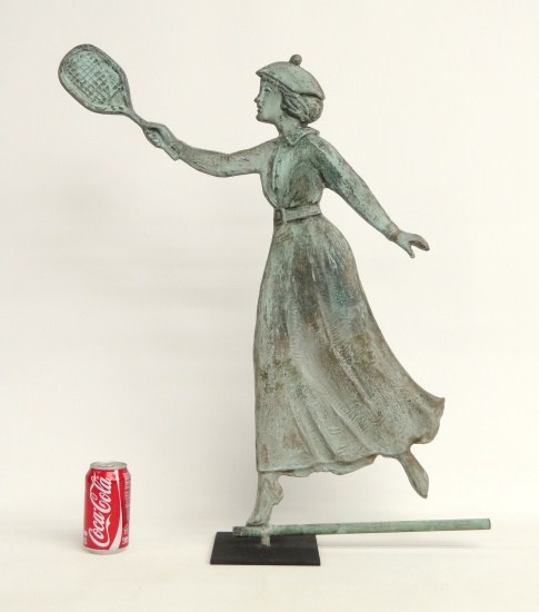 Tennis lady copper verdigris weathervane.