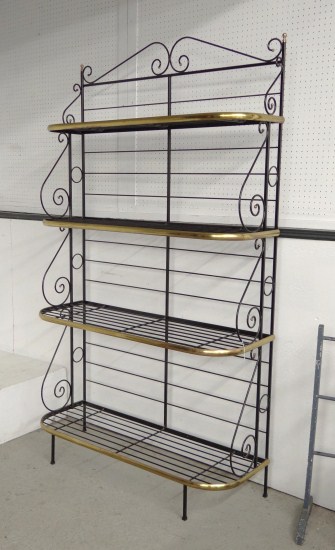 Wrought iron and brass bakers rack.