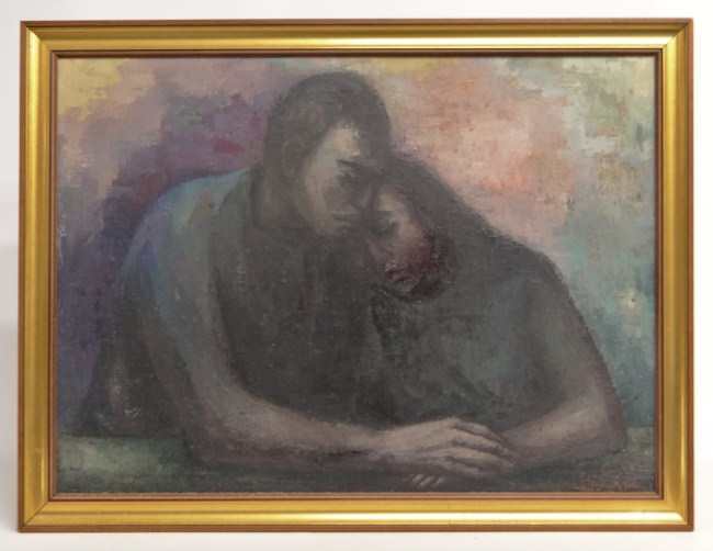 Painting oil on panel couple embracing