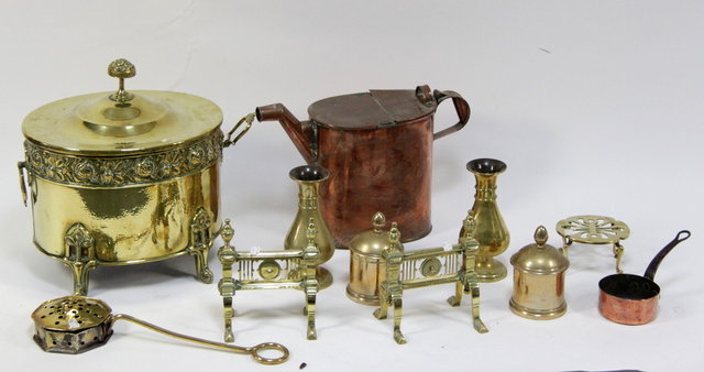 A brass coal box a pair of brass andirons