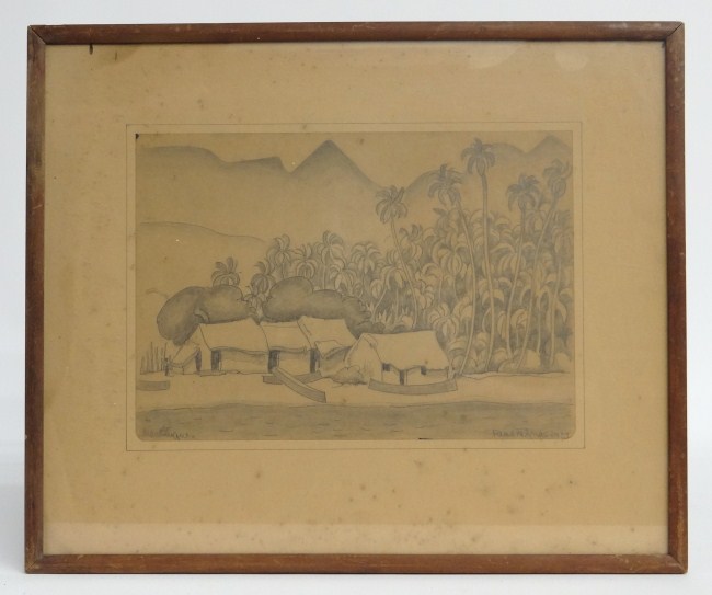 Drawing village signed and dated