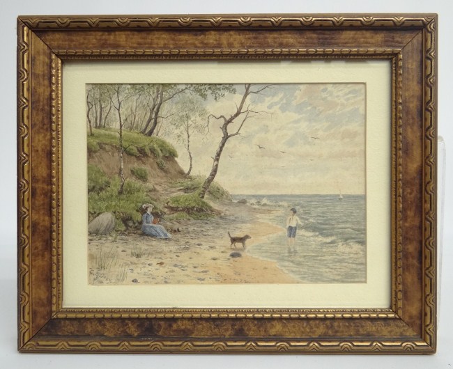 Early watercolor beach scene signed