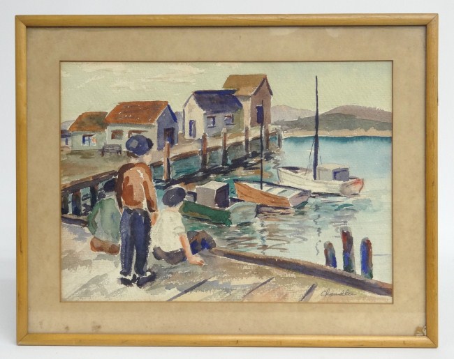 Watercolor dock scene signed ''Chandler''.